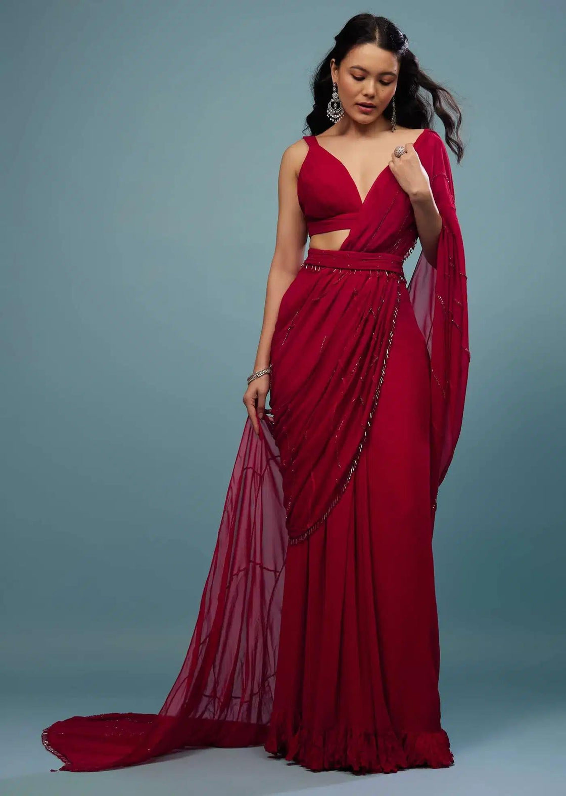 Crushed Georgette Blood Red Saree With Pleats