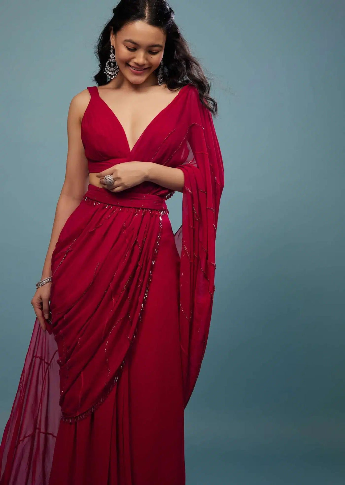 Crushed Georgette Blood Red Saree With Pleats