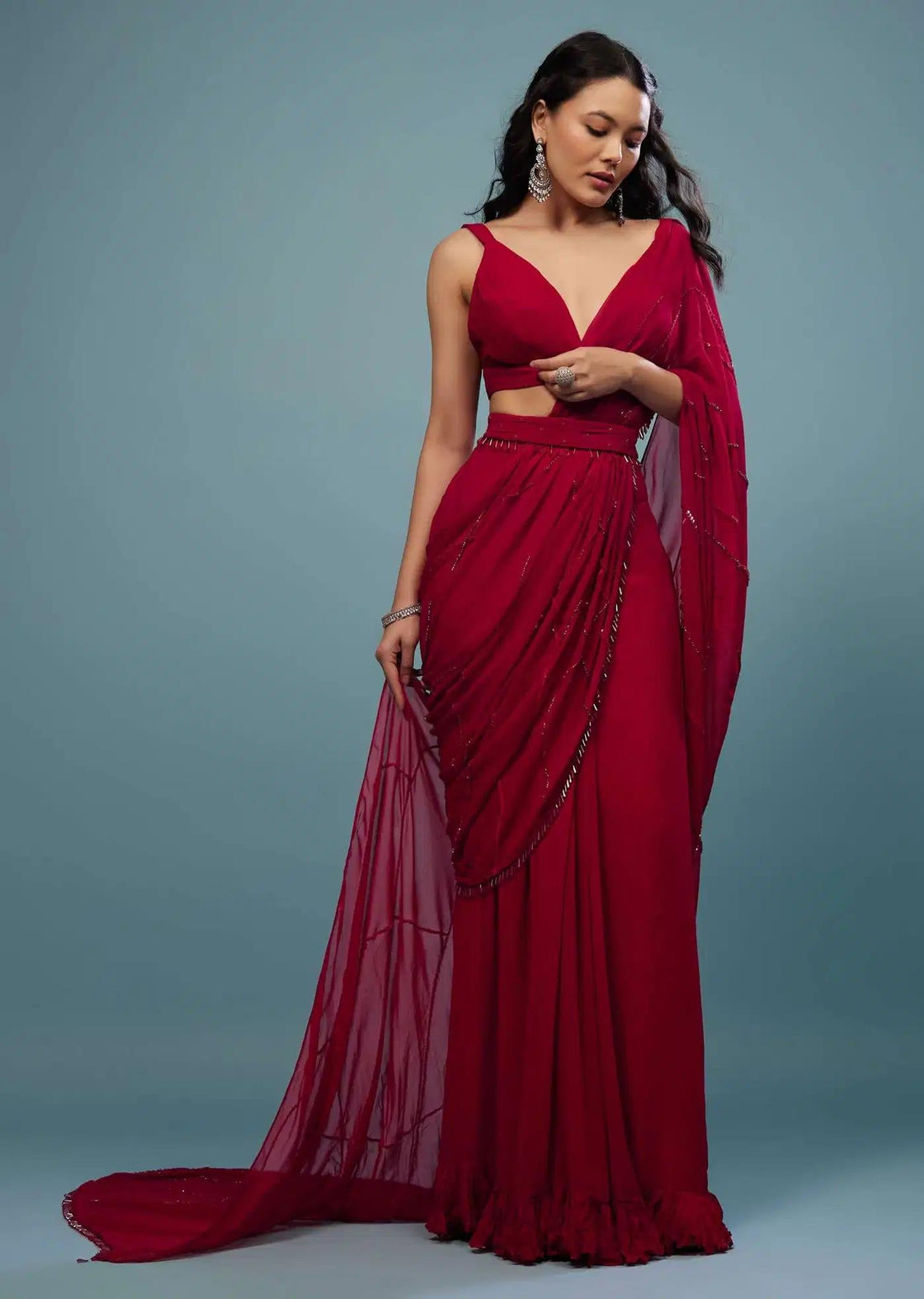 Crushed Georgette Blood Red Saree With Pleats