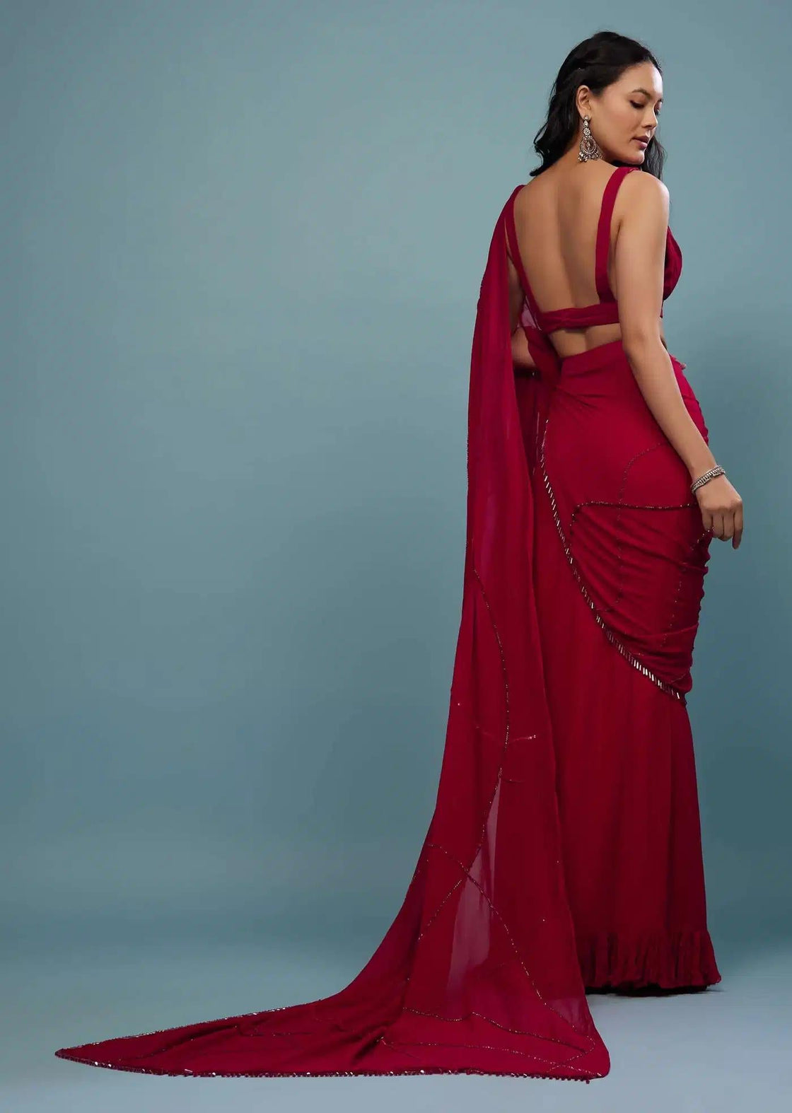 Crushed Georgette Blood Red Saree With Pleats