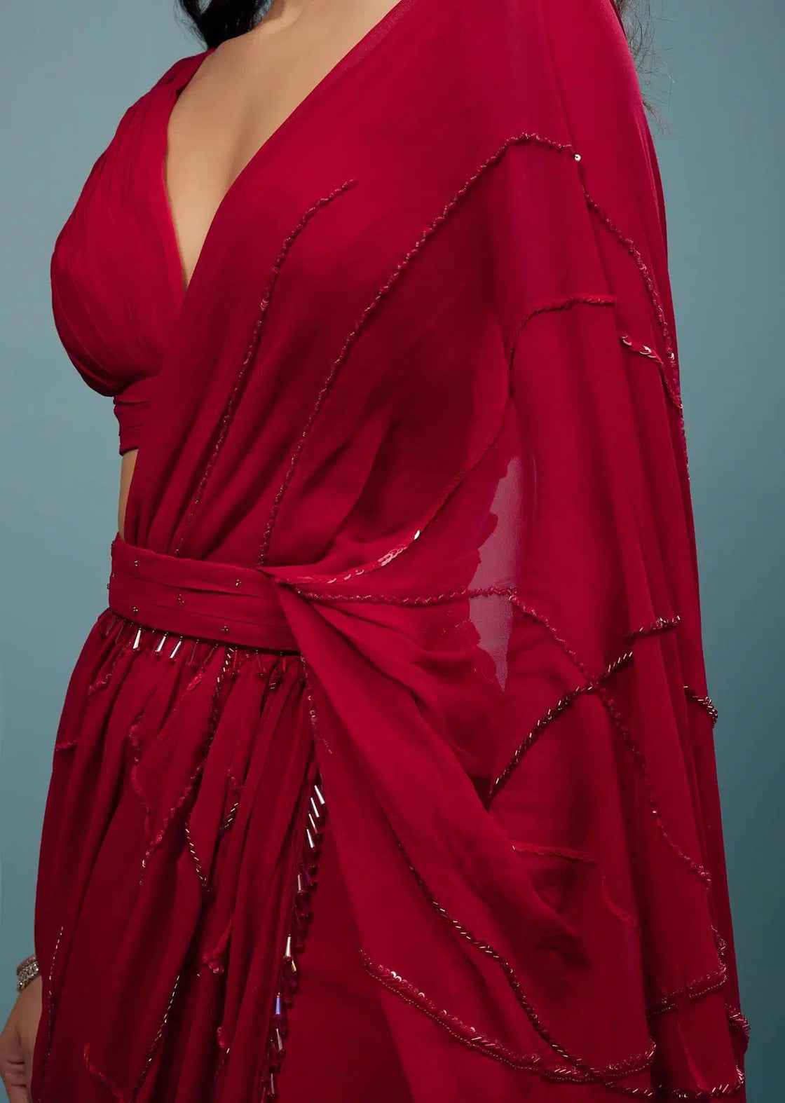 Crushed Georgette Blood Red Saree With Pleats