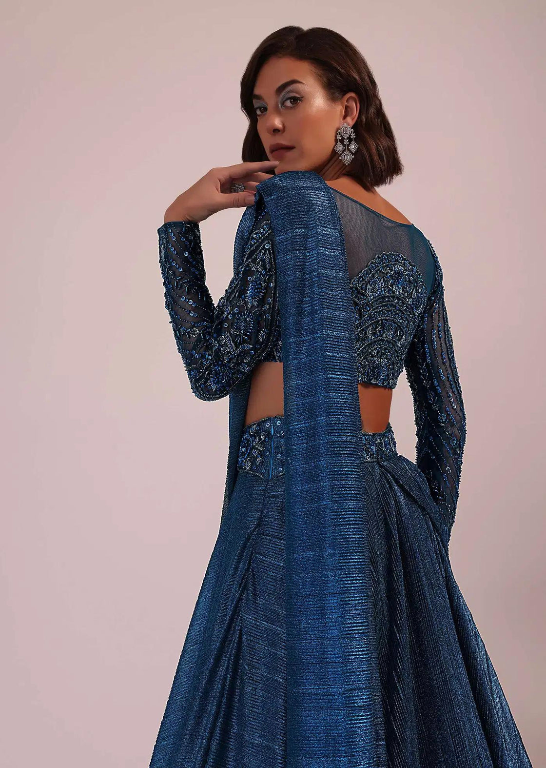Crushed Shimmer Drape Saree Set In Blue For Bridesmaids