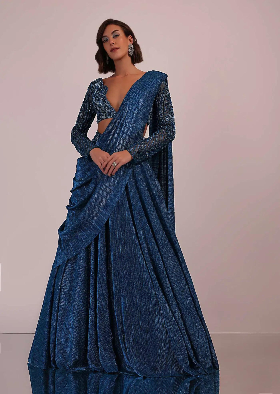 Crushed Shimmer Drape Saree Set In Blue For Bridesmaids