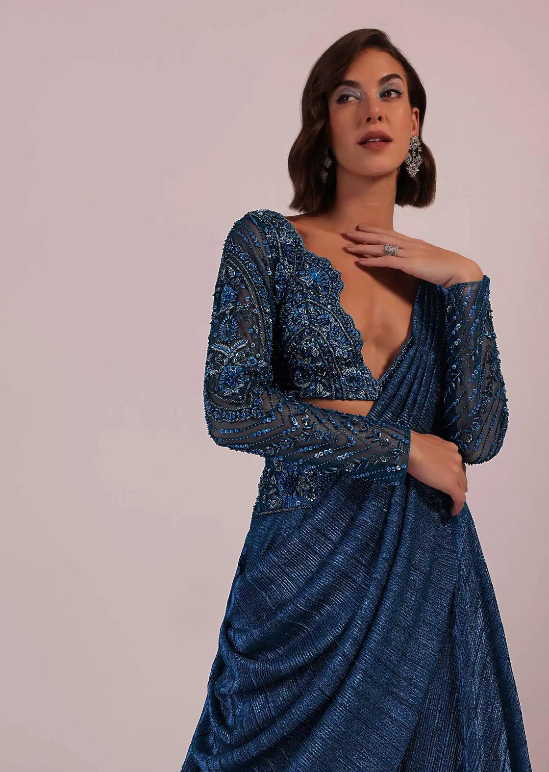 Crushed Shimmer Drape Saree Set In Blue For Bridesmaids
