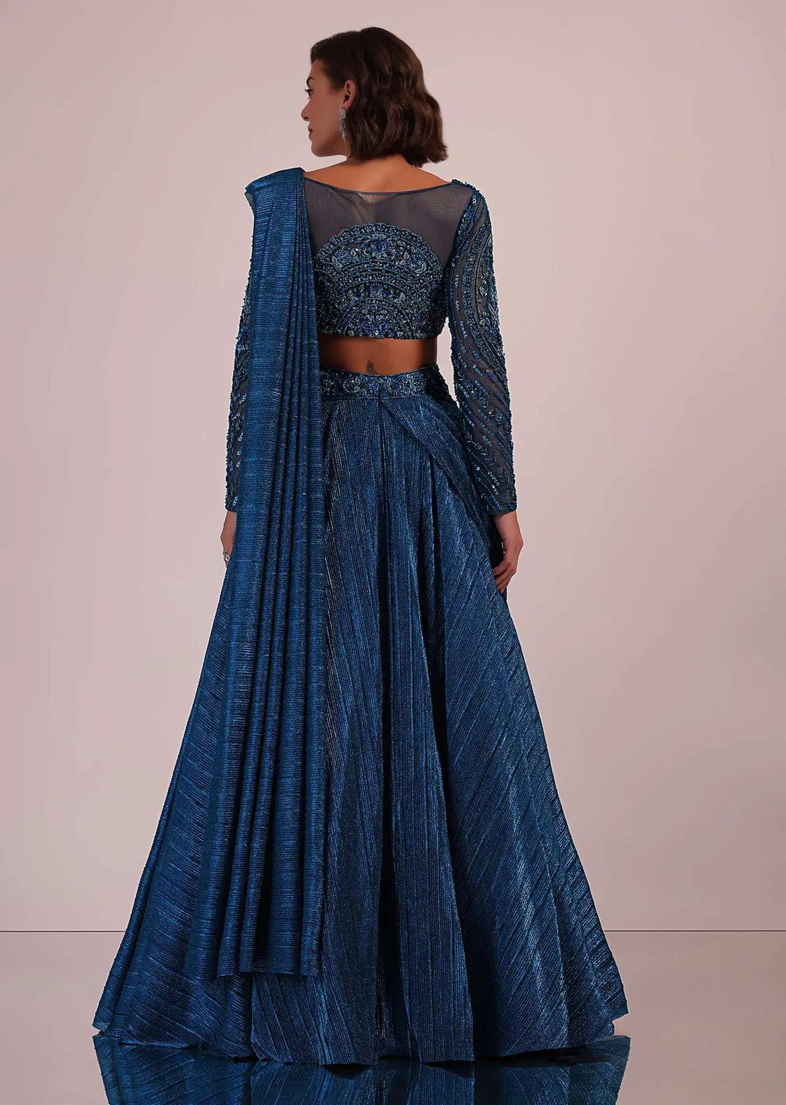 Crushed Shimmer Drape Saree Set In Blue For Bridesmaids