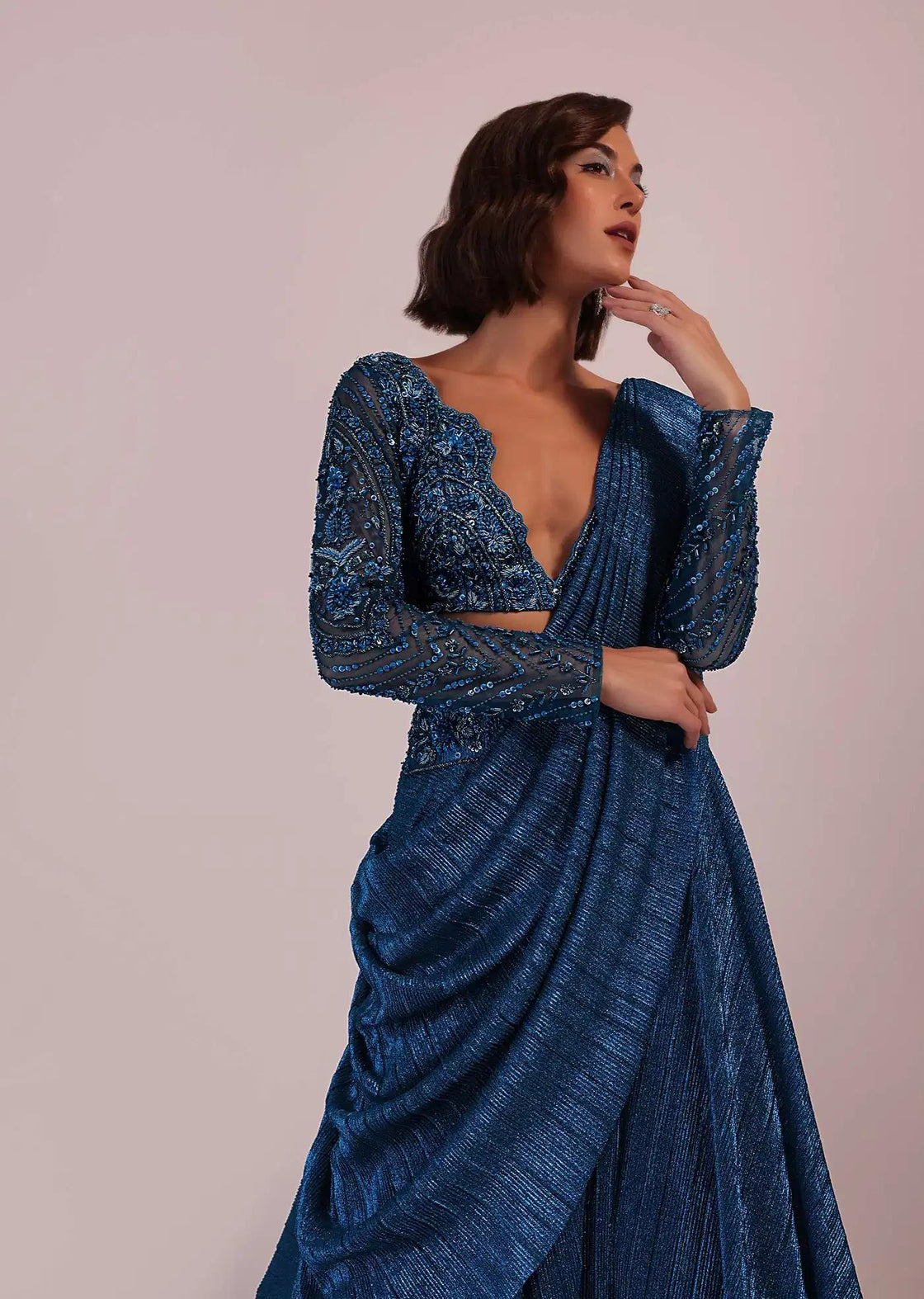 Crushed Shimmer Drape Saree Set In Blue For Bridesmaids