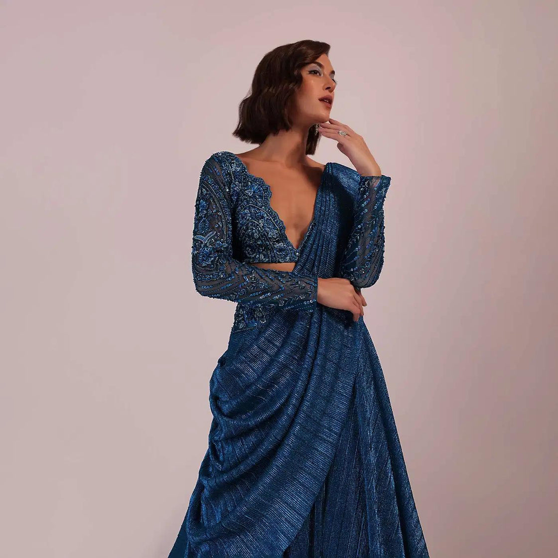 Crushed Shimmer Drape Saree Set In Blue For Bridesmaids