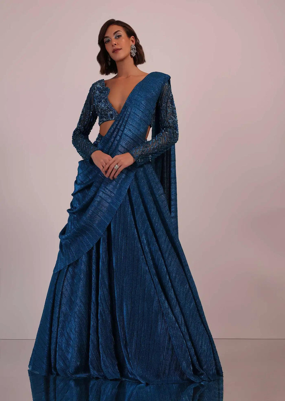 Crushed Shimmer Drape Saree Set In Blue For Bridesmaids