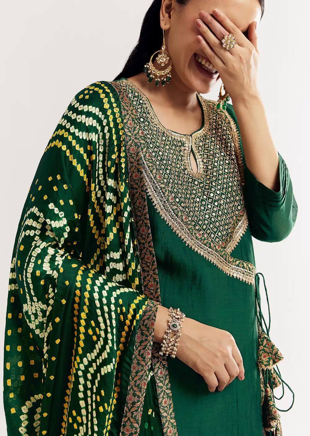 Dark Green Angrakha Kurta Ensemble With Bandhani Dupatta Outfit