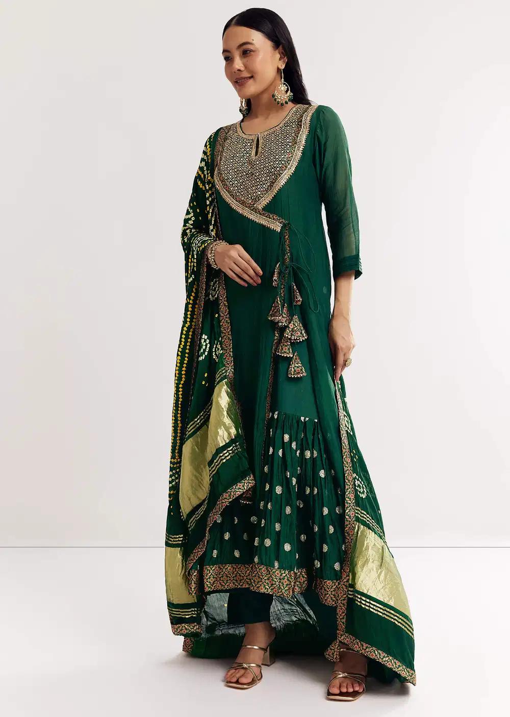 Dark Green Angrakha Kurta Ensemble With Bandhani Dupatta Outfit