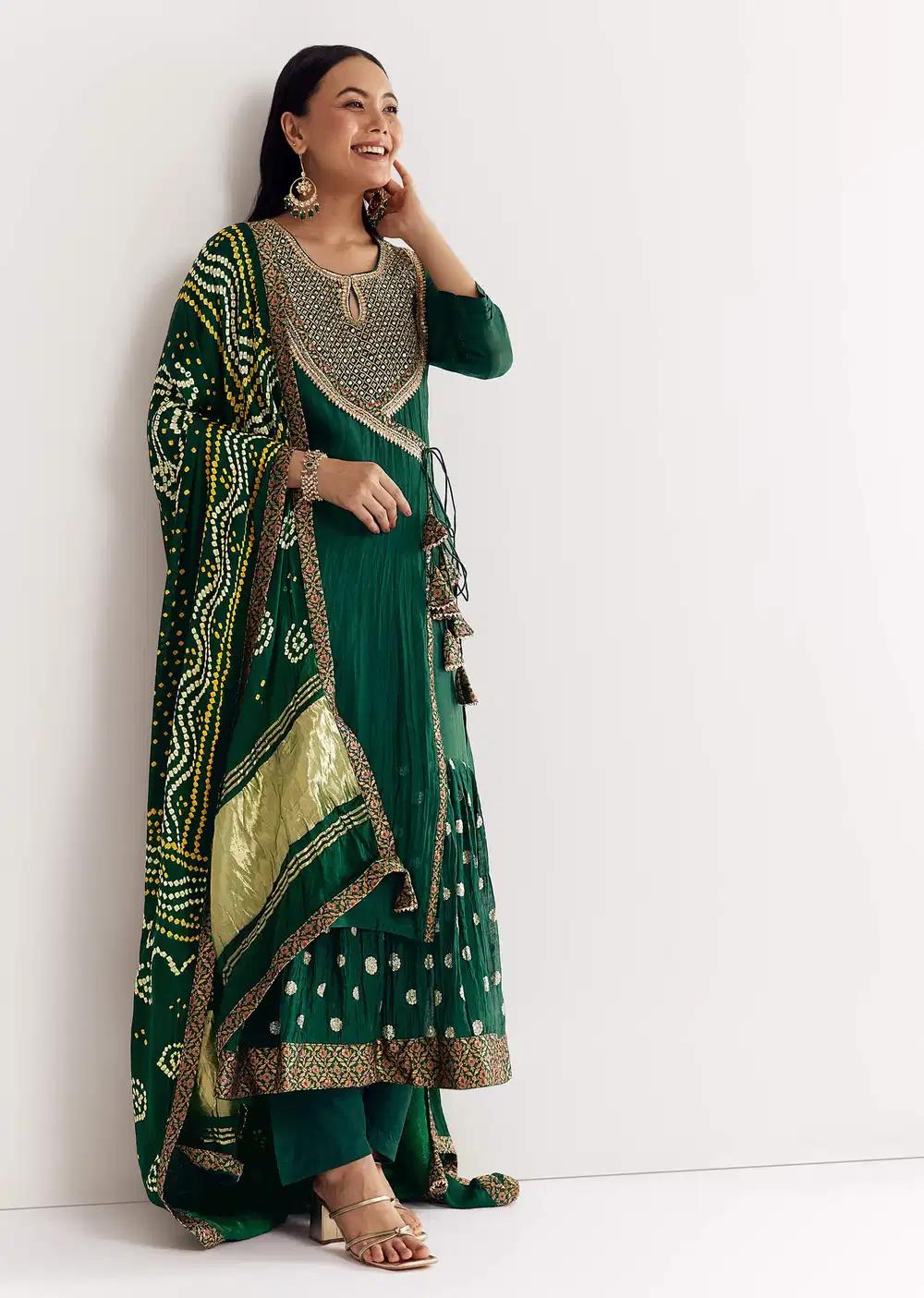 Dark Green Angrakha Kurta Ensemble With Bandhani Dupatta Outfit