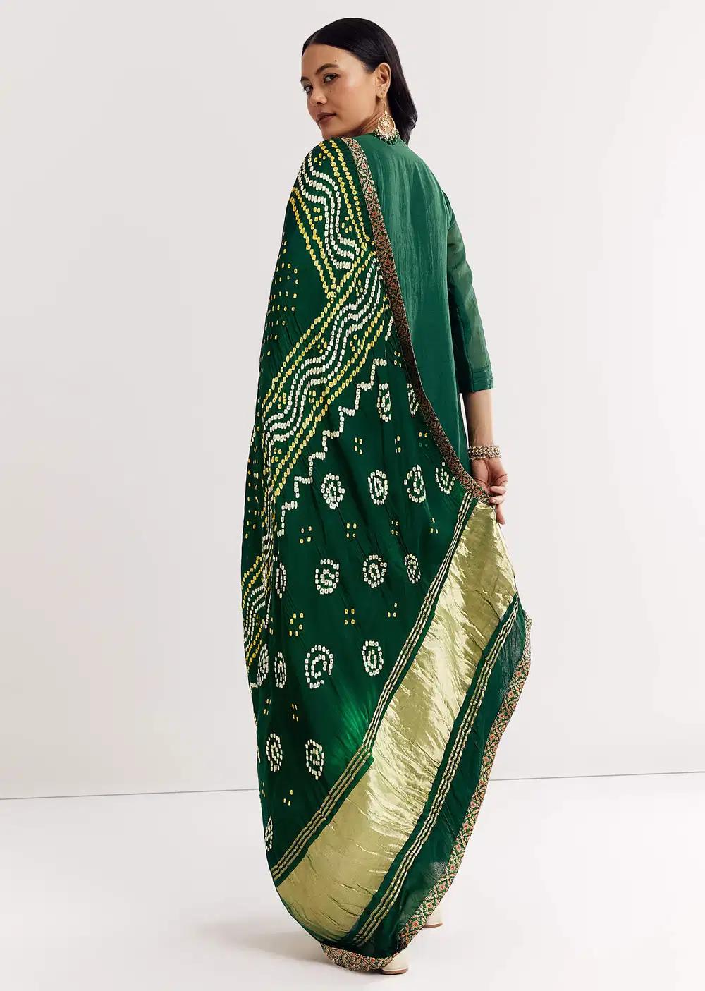 Dark Green Angrakha Kurta Ensemble With Bandhani Dupatta Outfit