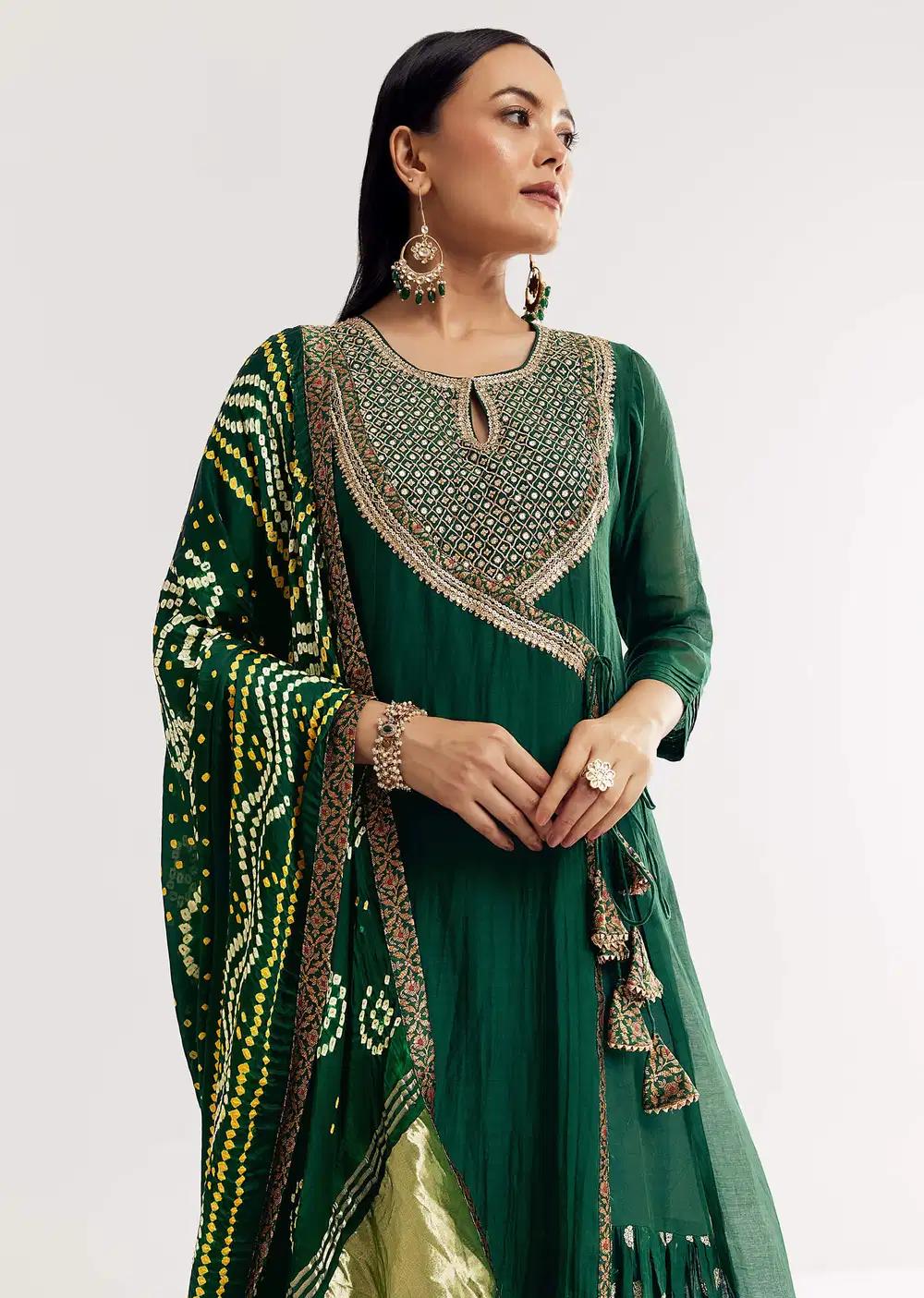 Dark Green Angrakha Kurta Ensemble With Bandhani Dupatta Outfit