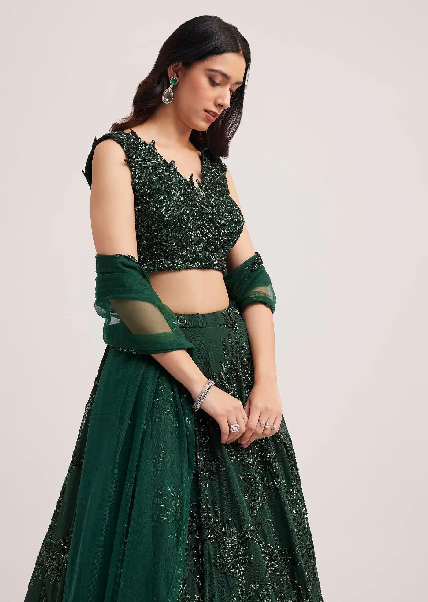 Dark Green Sequin Embellished Lehenga Skirt Ensemble