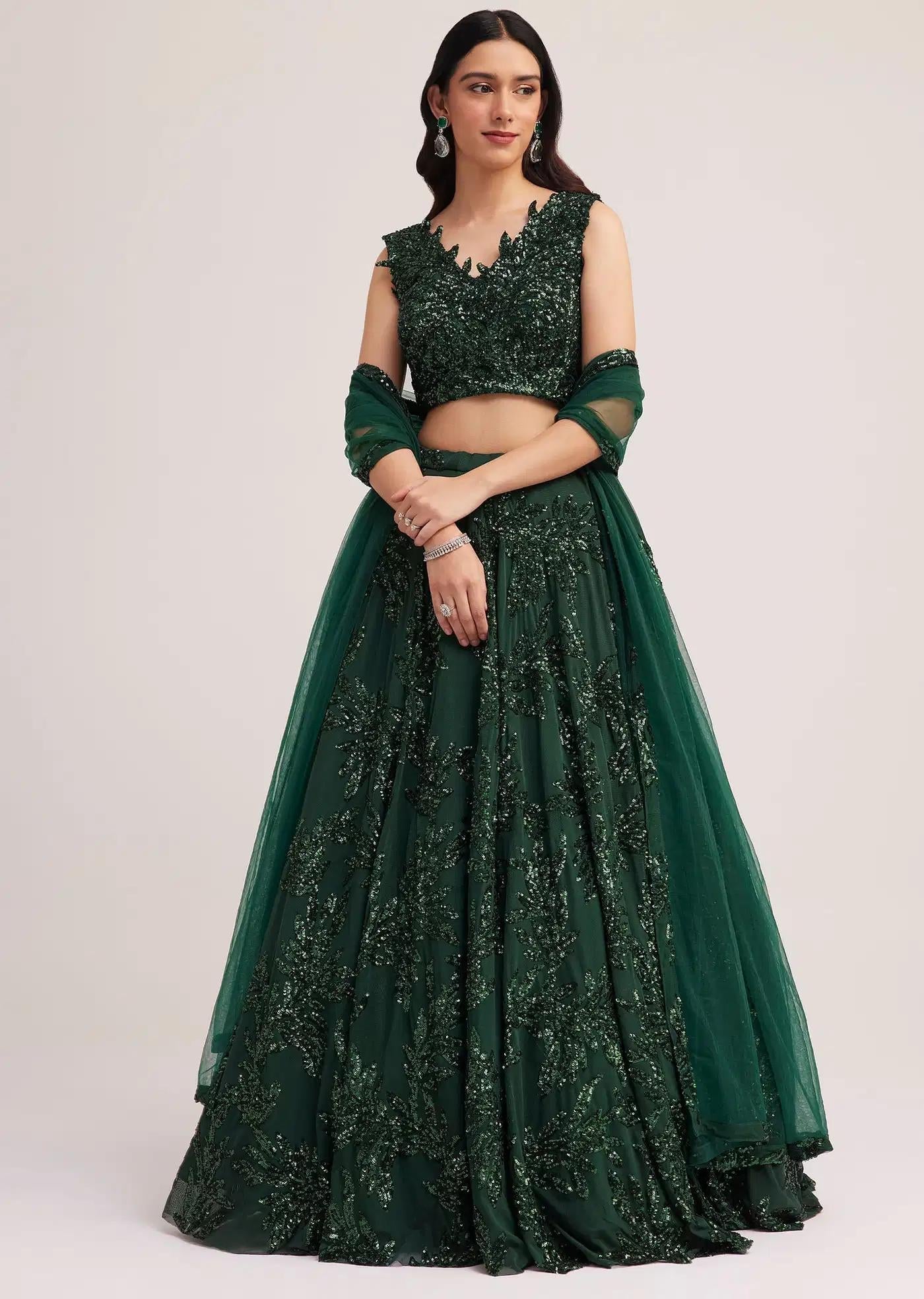 Dark Green Sequin Embellished Lehenga Skirt Ensemble