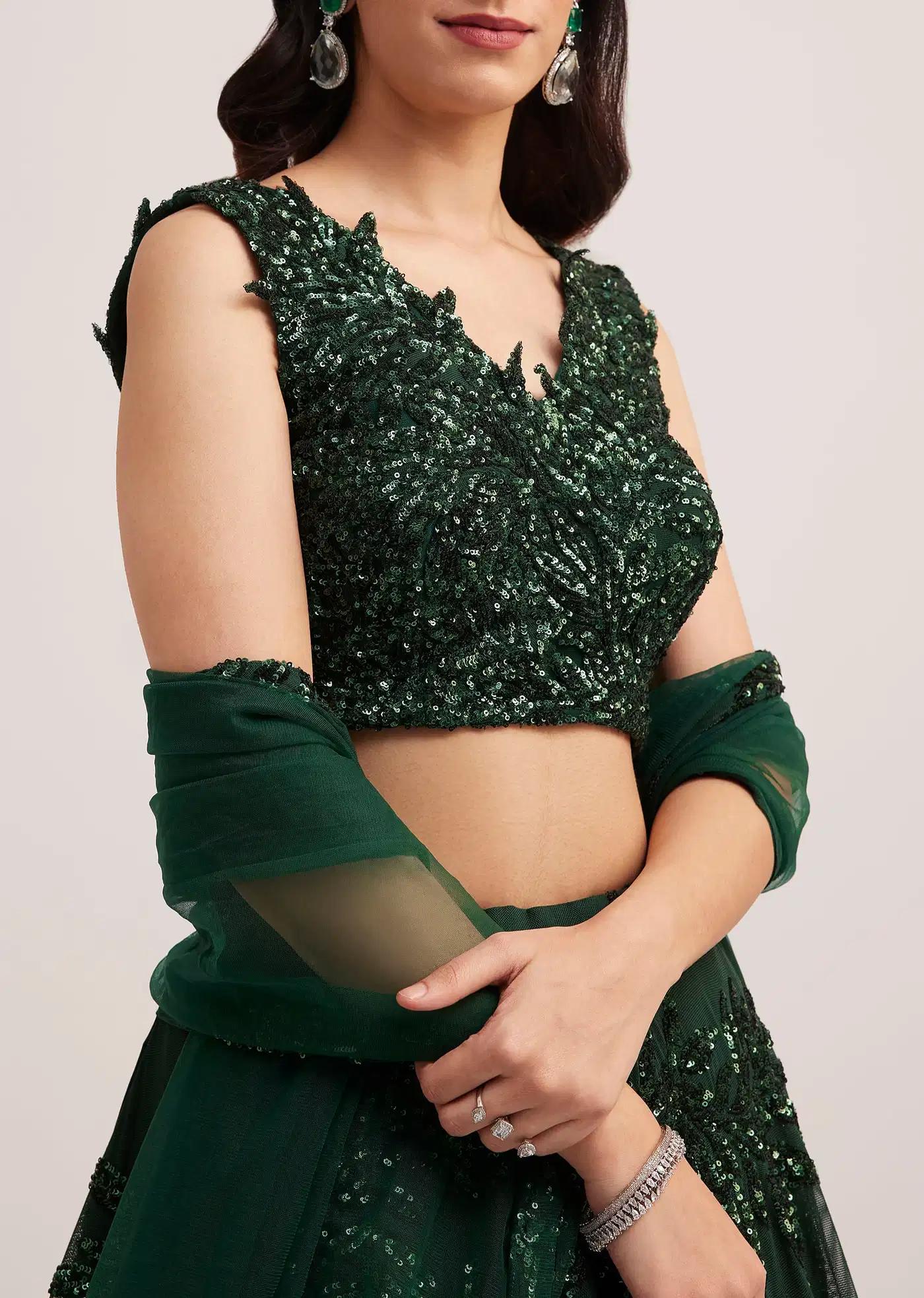 Dark Green Sequin Embellished Lehenga Skirt Ensemble