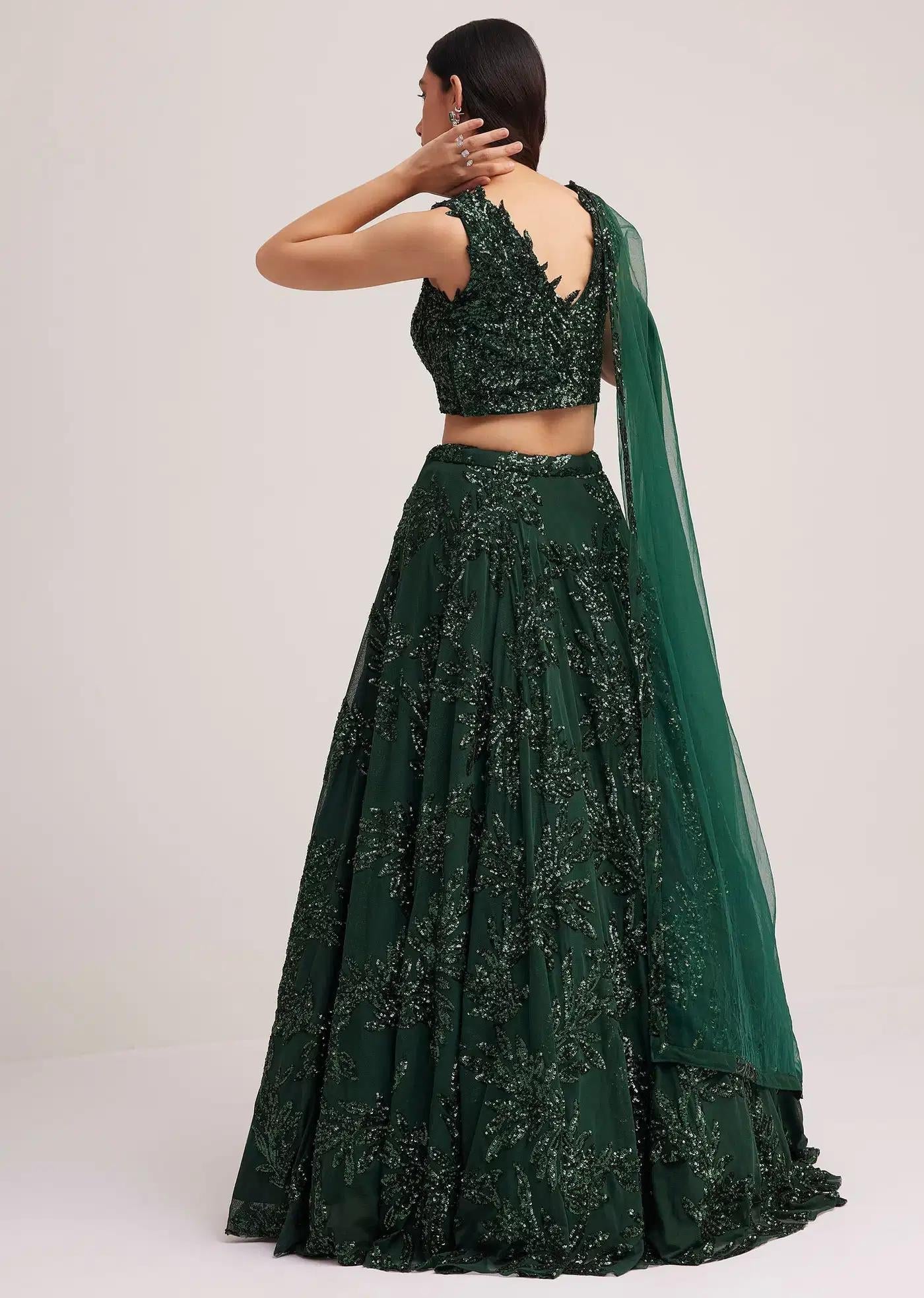 Dark Green Sequin Embellished Lehenga Skirt Ensemble
