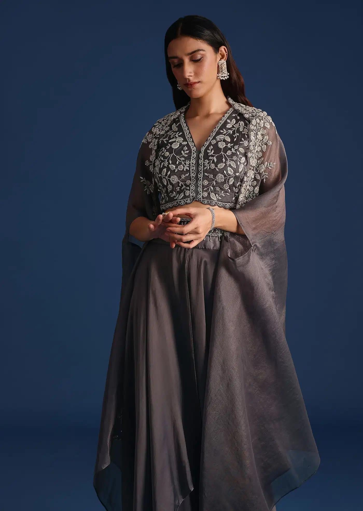 Dark Grey Asymmetric Organza Jacket Featuring Crop Top Draped Skirt