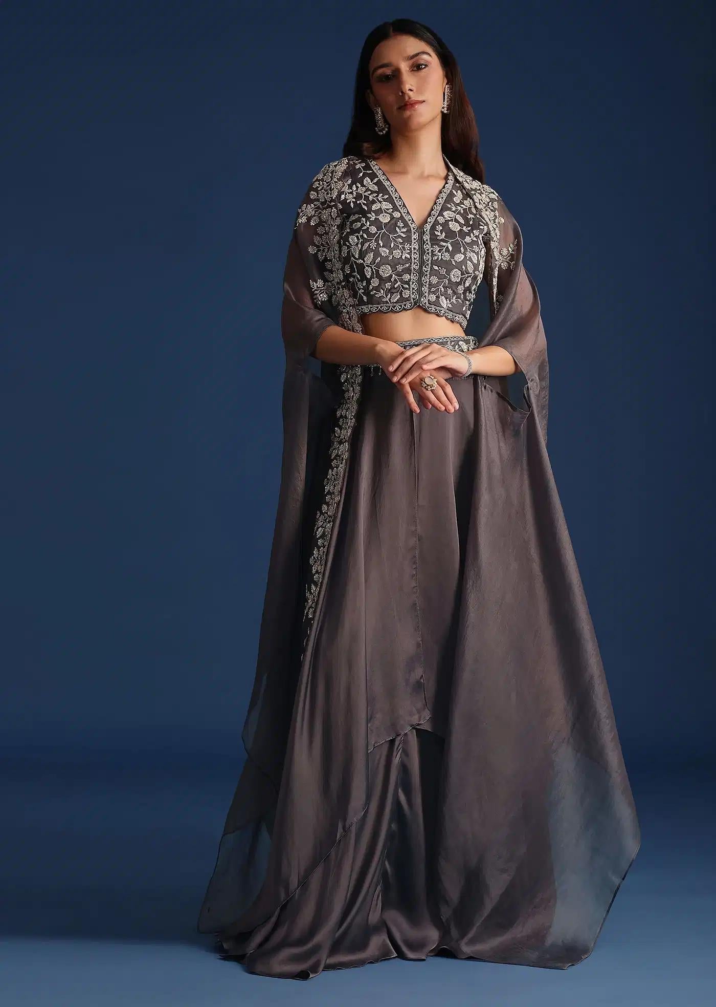 Dark Grey Asymmetric Organza Jacket Featuring Crop Top Draped Skirt