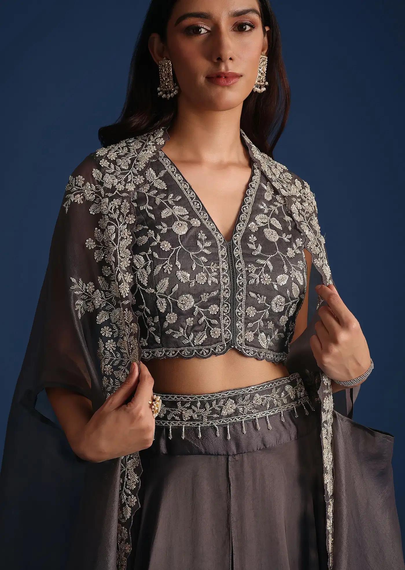 Dark Grey Asymmetric Organza Jacket Featuring Crop Top Draped Skirt