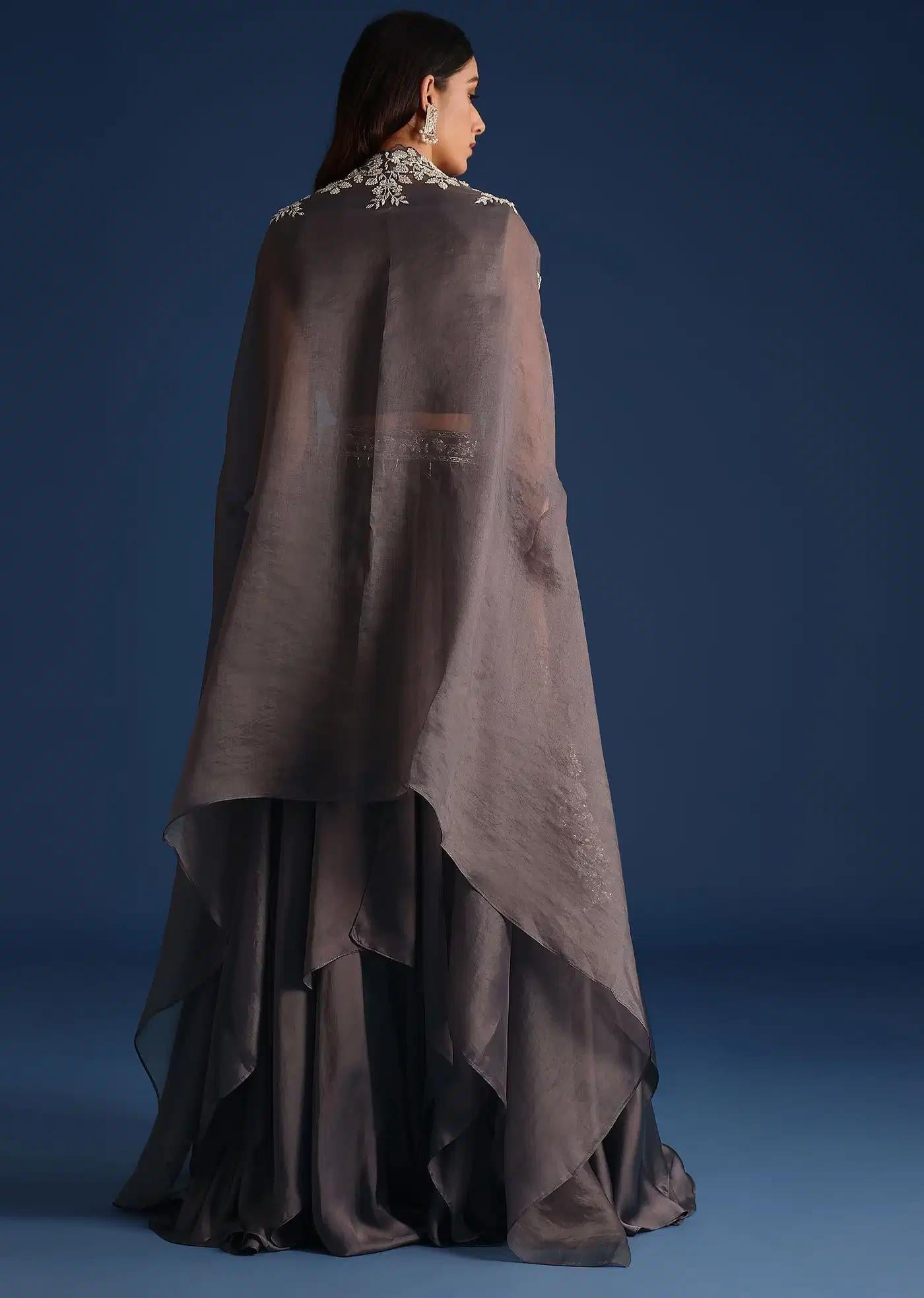 Dark Grey Asymmetric Organza Jacket Featuring Crop Top Draped Skirt