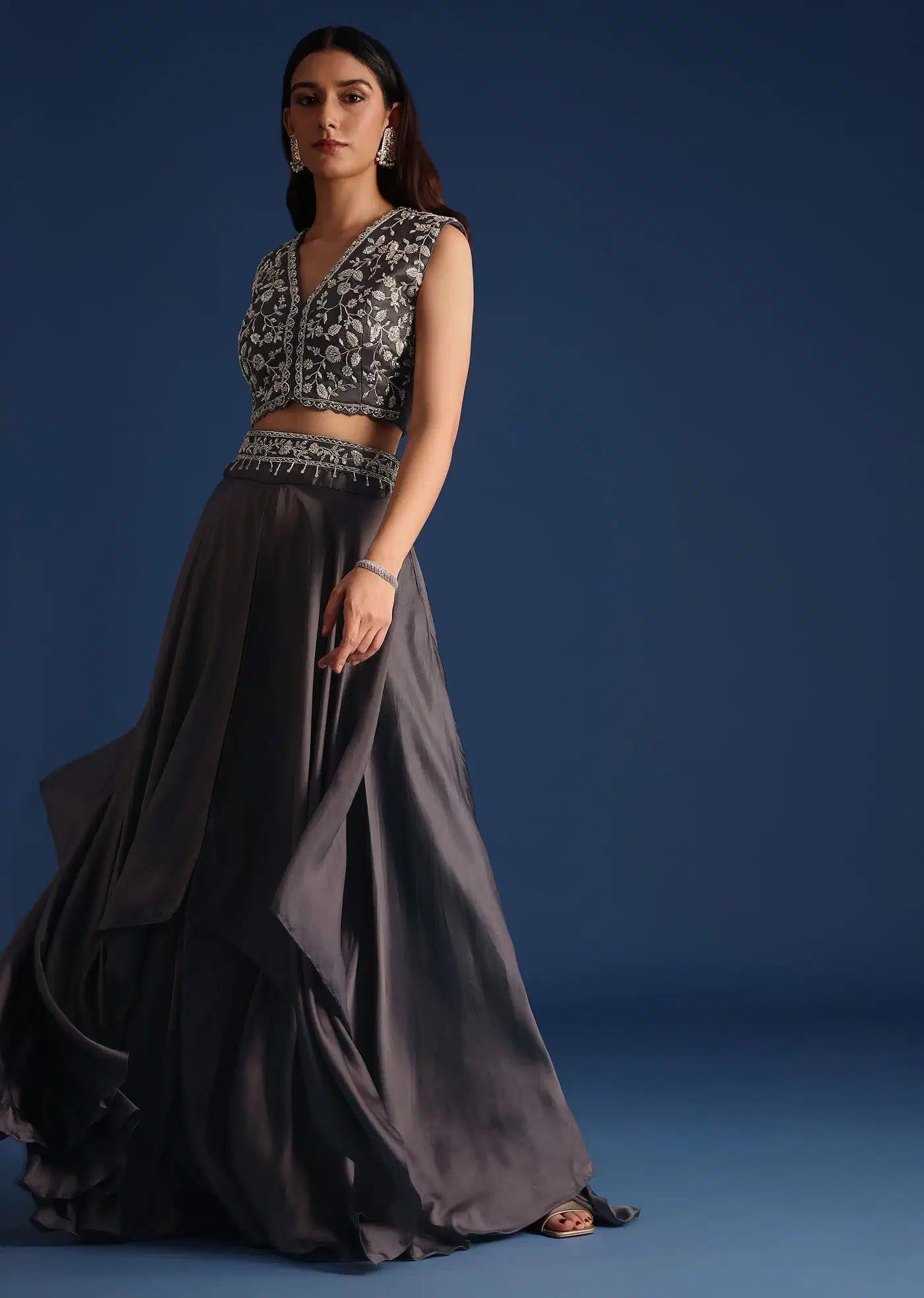 Dark Grey Asymmetric Organza Jacket Featuring Crop Top Draped Skirt