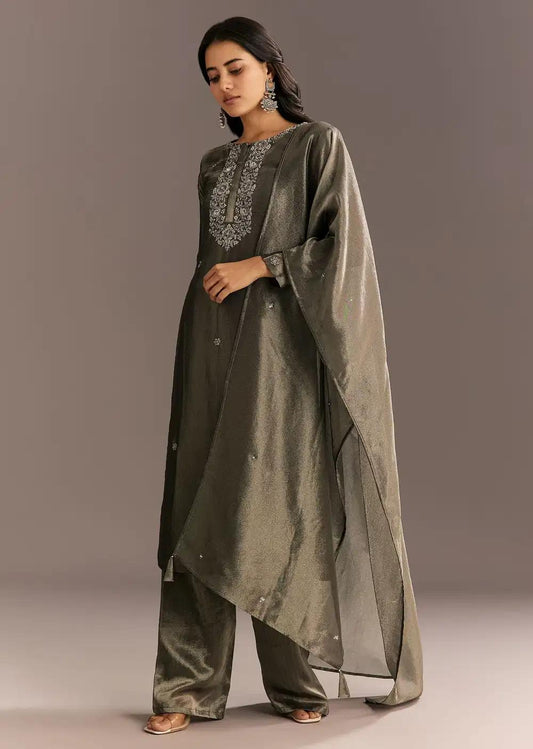 Dark Grey Tissue Kurta Pant Ensemble With Butti Dupatta Outfit