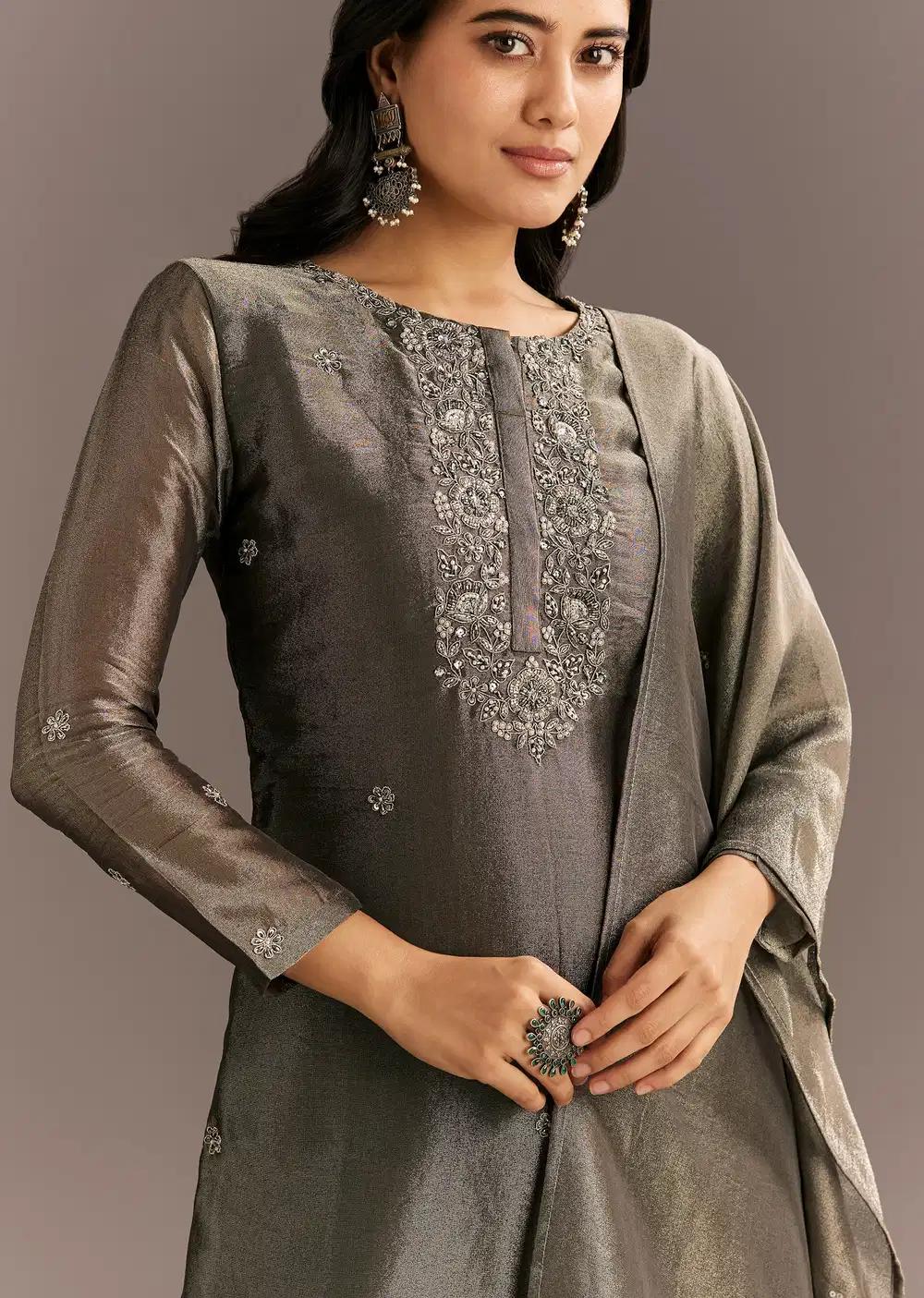 Dark Grey Tissue Kurta Pant Ensemble With Butti Dupatta Outfit