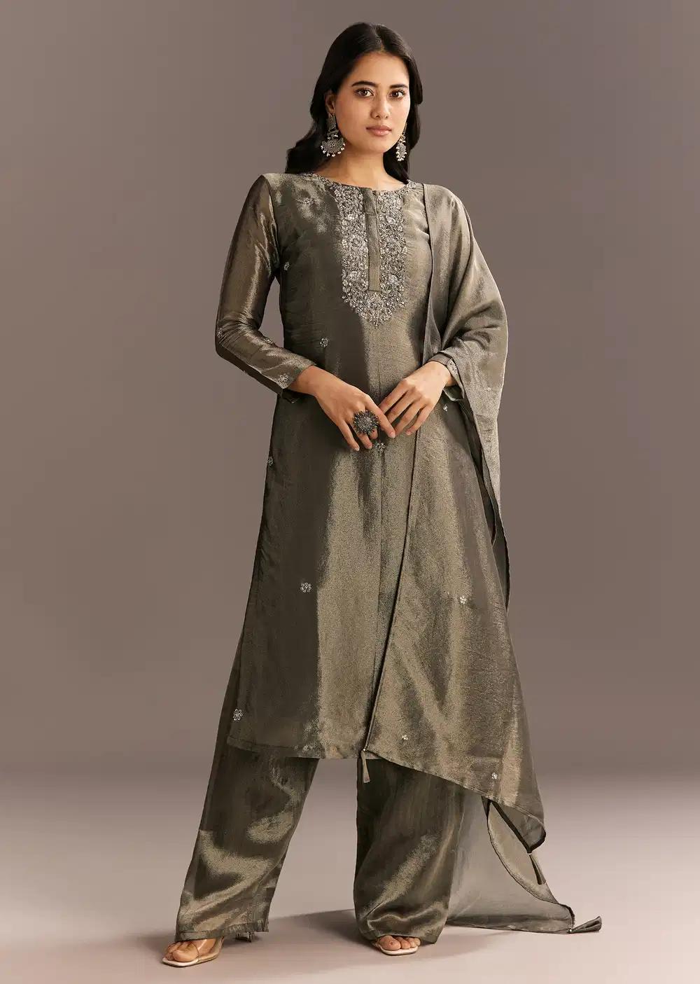 Dark Grey Tissue Kurta Pant Ensemble With Butti Dupatta Outfit