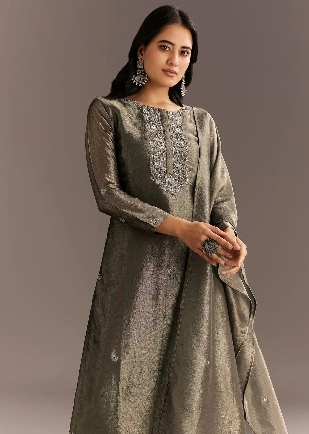Dark Grey Tissue Kurta Pant Ensemble With Butti Dupatta Outfit
