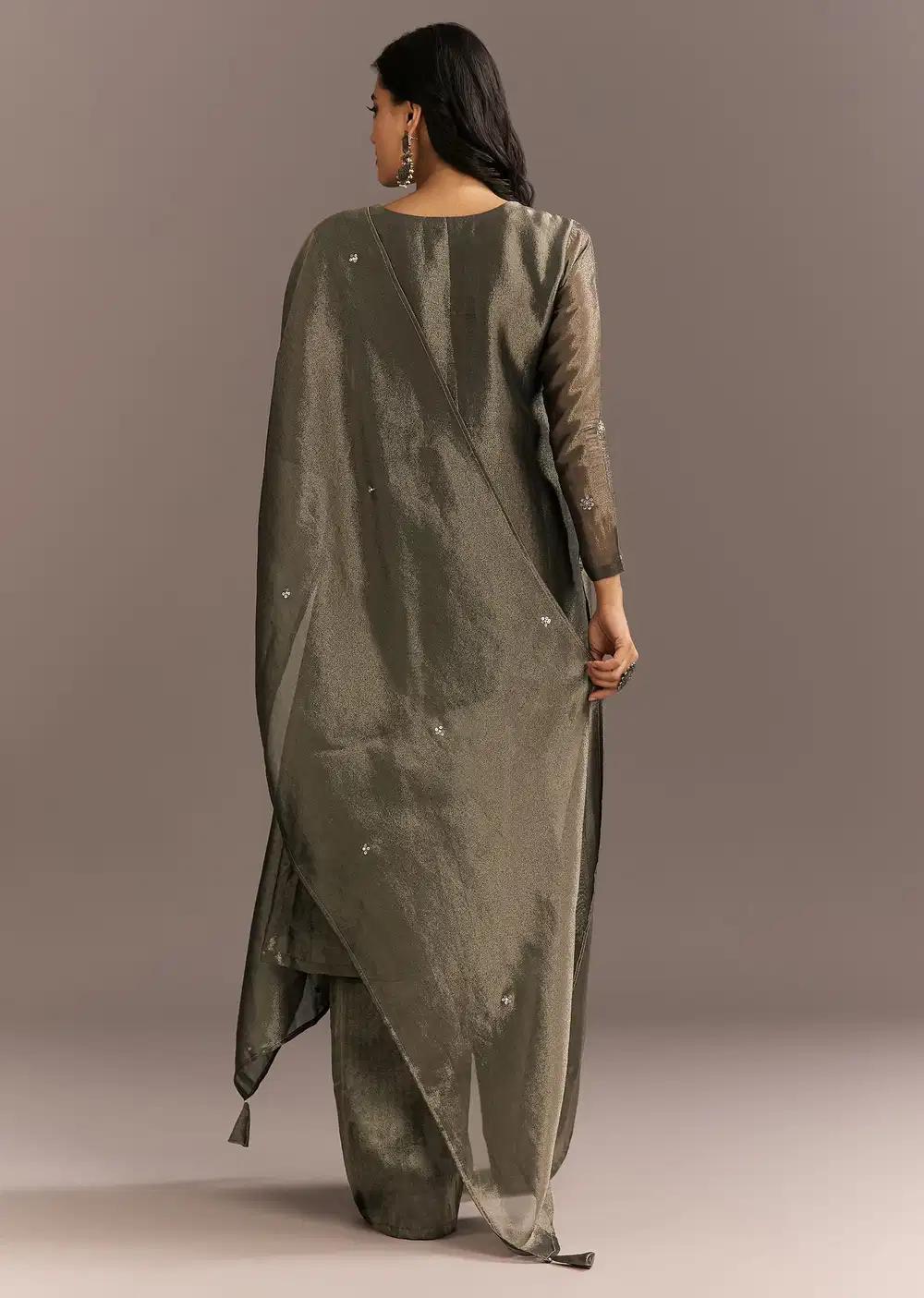 Dark Grey Tissue Kurta Pant Ensemble With Butti Dupatta Outfit