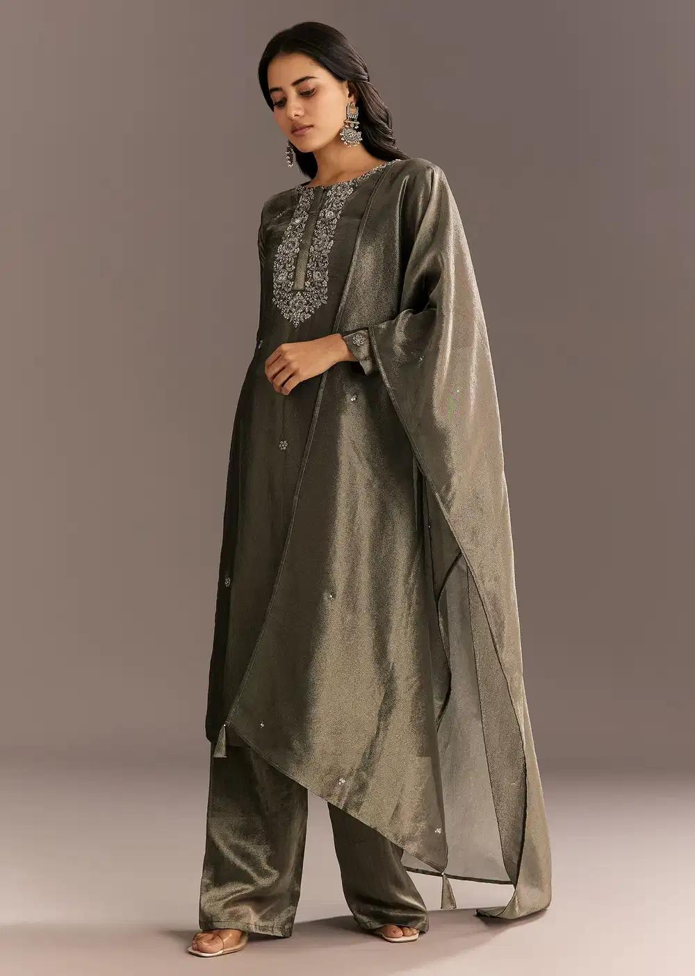 Dark Grey Tissue Kurta Pant Ensemble With Butti Dupatta Outfit