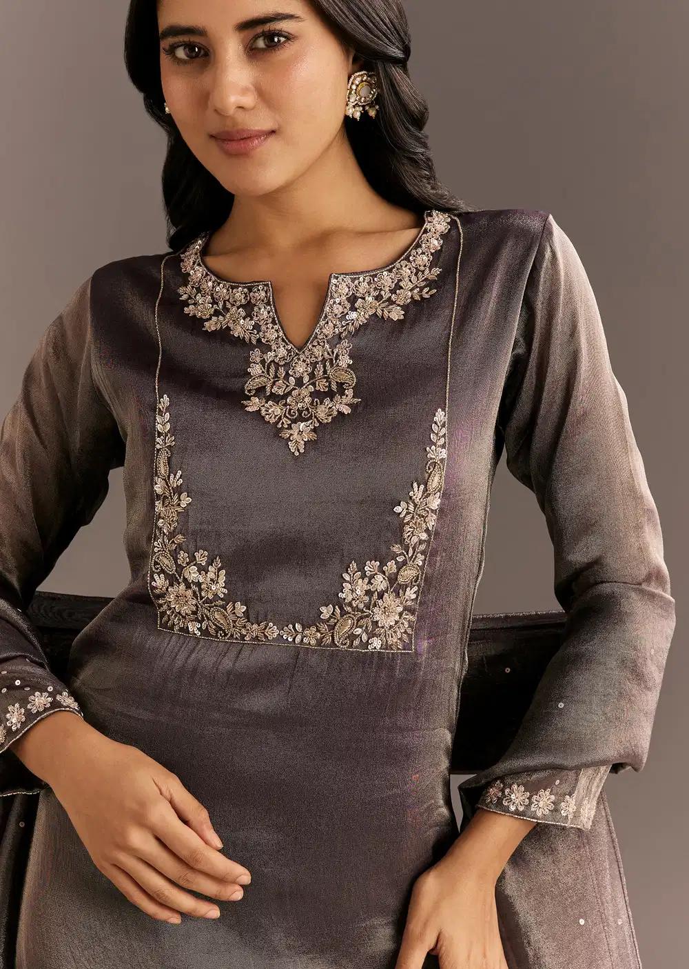 Dark Purple Organza Tissue Embroidered Kurta Pant With Dupatta Outfit