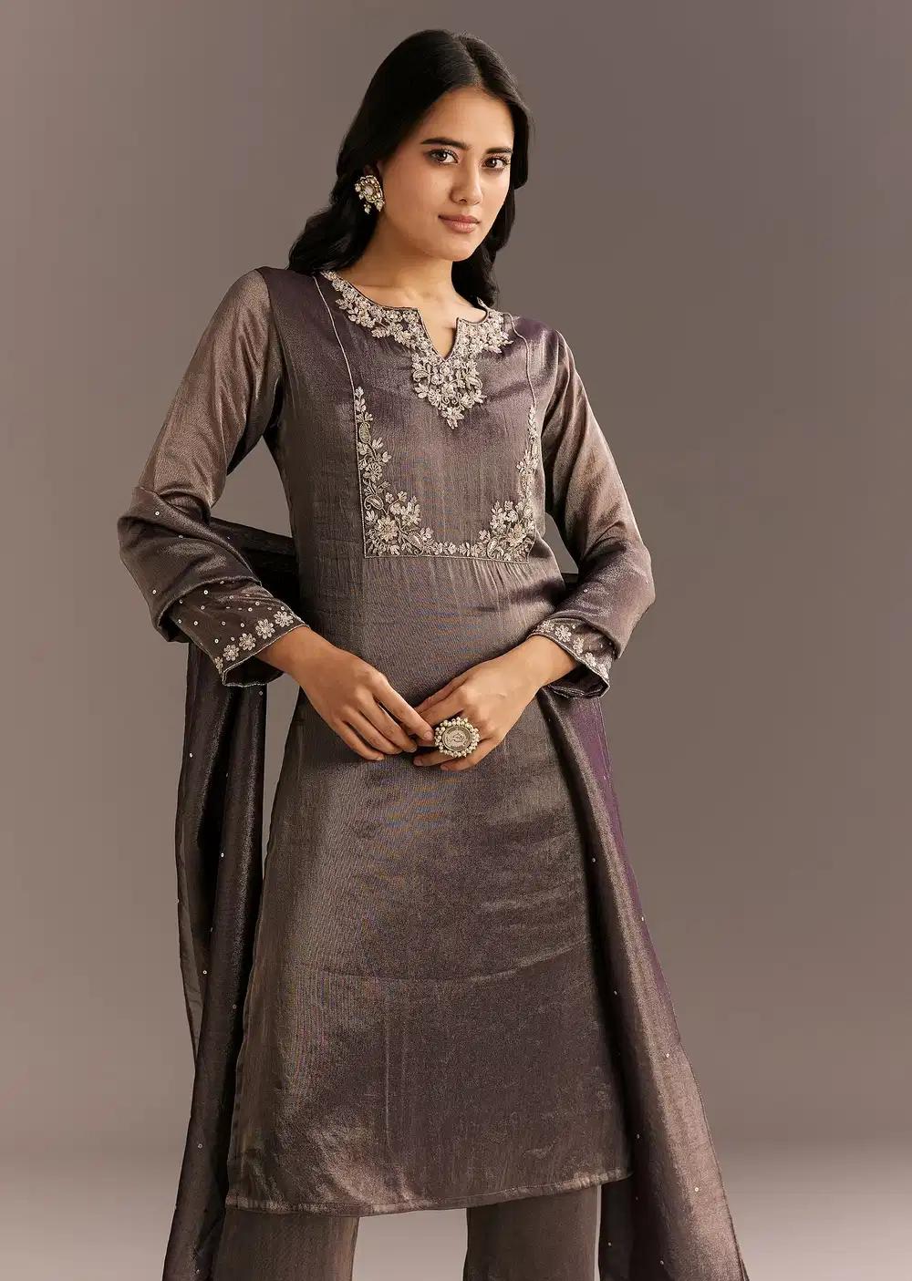 Dark Purple Organza Tissue Embroidered Kurta Pant With Dupatta Outfit