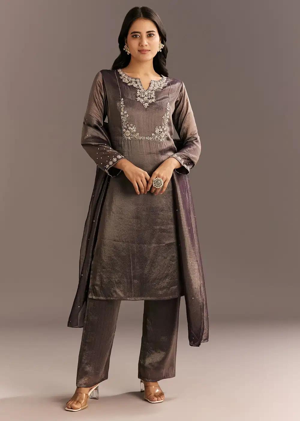 Dark Purple Organza Tissue Embroidered Kurta Pant With Dupatta Outfit