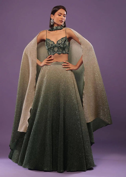 Deep Green Ombre Gold Handcrafted Lehenga Skirt Ensemble Featuring Sequins Embroidery