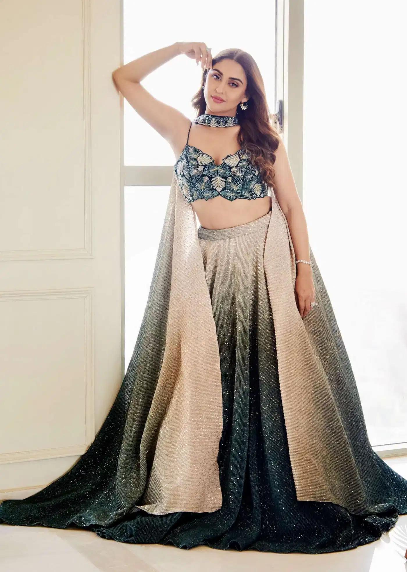 Deep Green Ombre Gold Handcrafted Lehenga Skirt Ensemble Featuring Sequins Embroidery