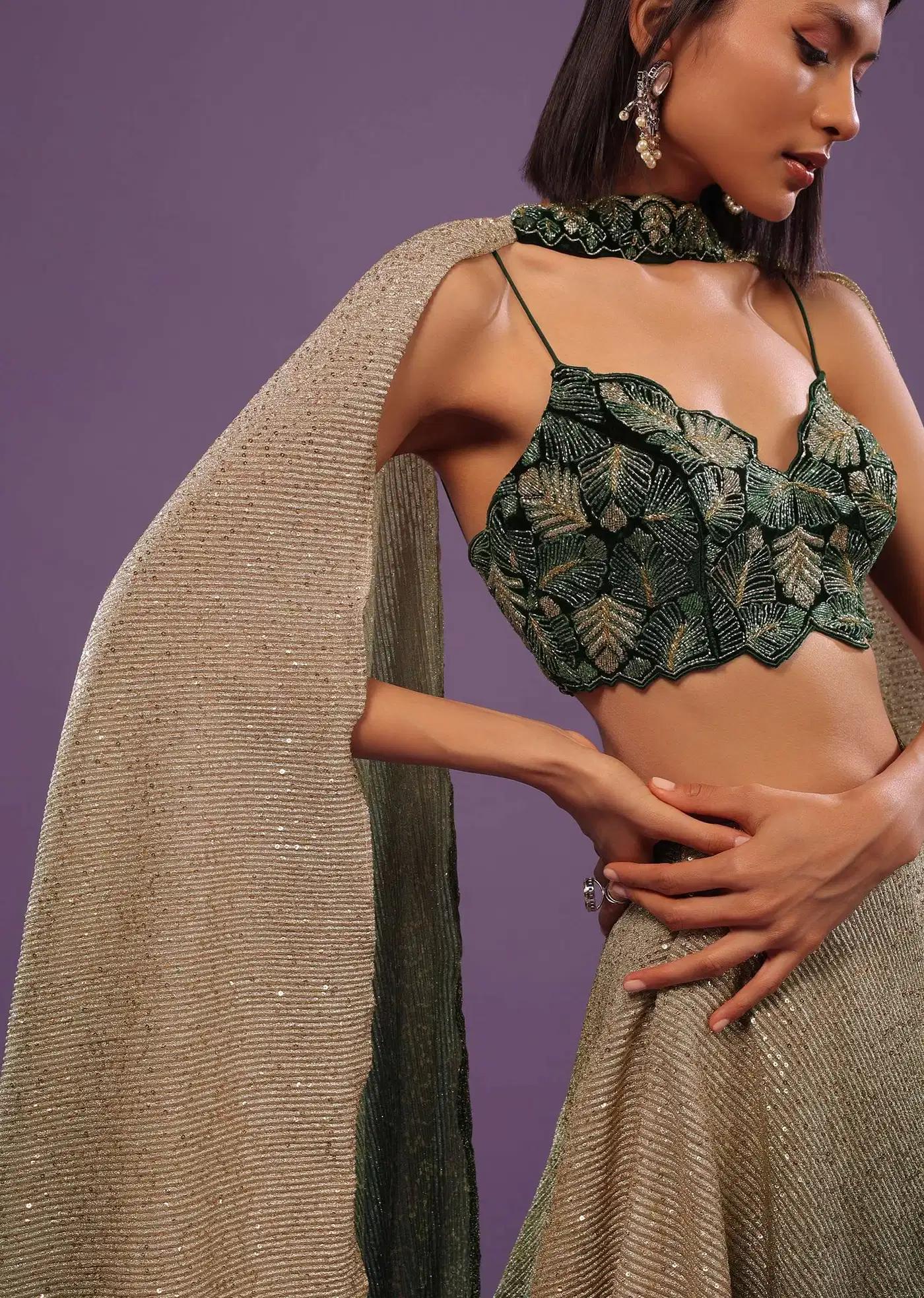 Deep Green Ombre Gold Handcrafted Lehenga Skirt Ensemble Featuring Sequins Embroidery