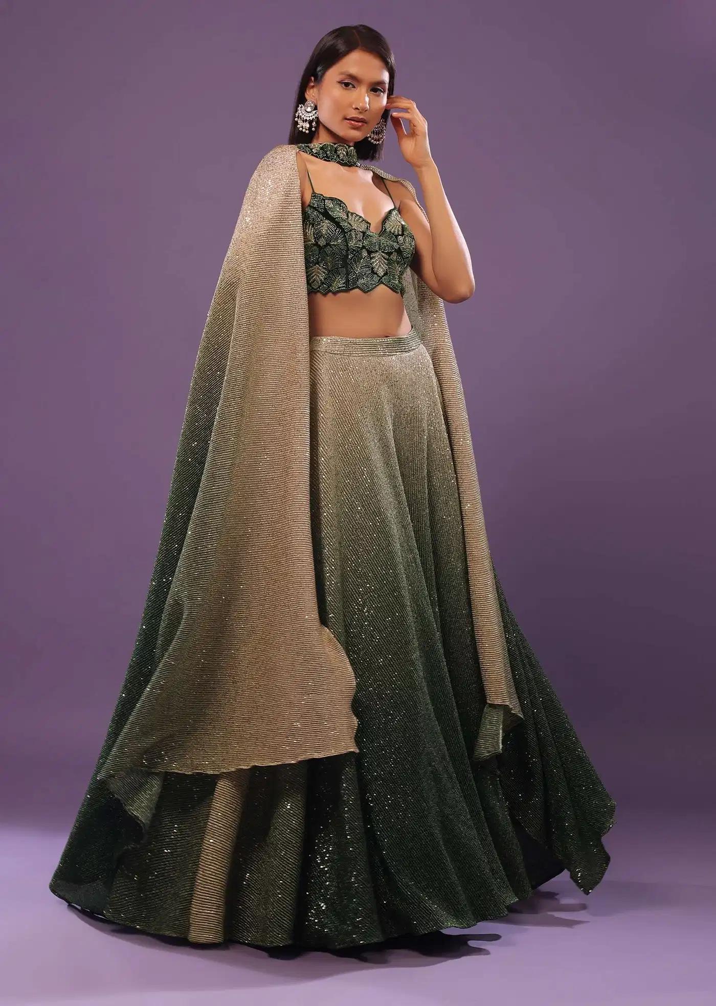 Deep Green Ombre Gold Handcrafted Lehenga Skirt Ensemble Featuring Sequins Embroidery