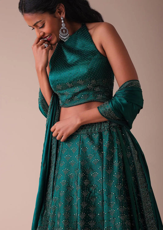 Deep Green Swarovski Embellished Lehenga Skirt In Wrinkle Satin
