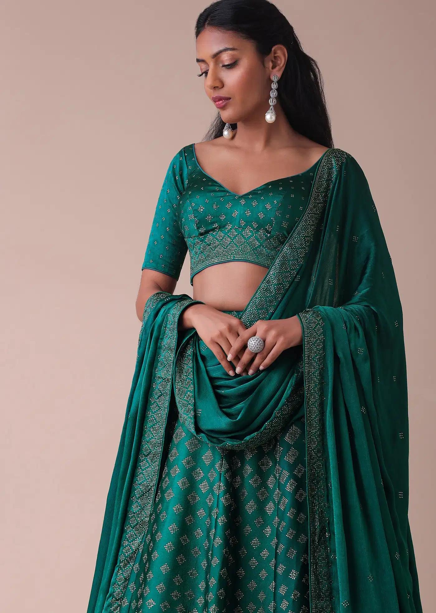 Deep Green Swarovski Embellished Lehenga Skirt In Wrinkle Satin