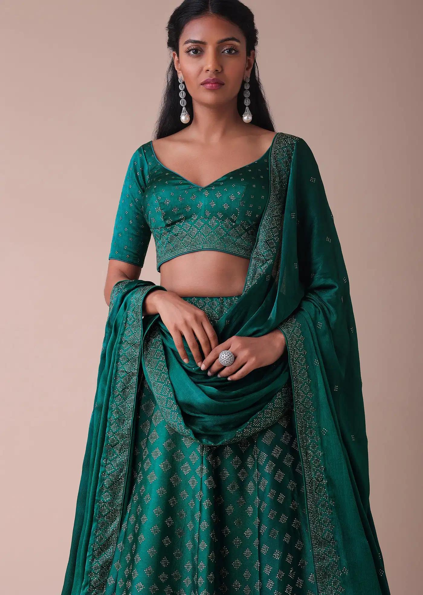Deep Green Swarovski Embellished Lehenga Skirt In Wrinkle Satin