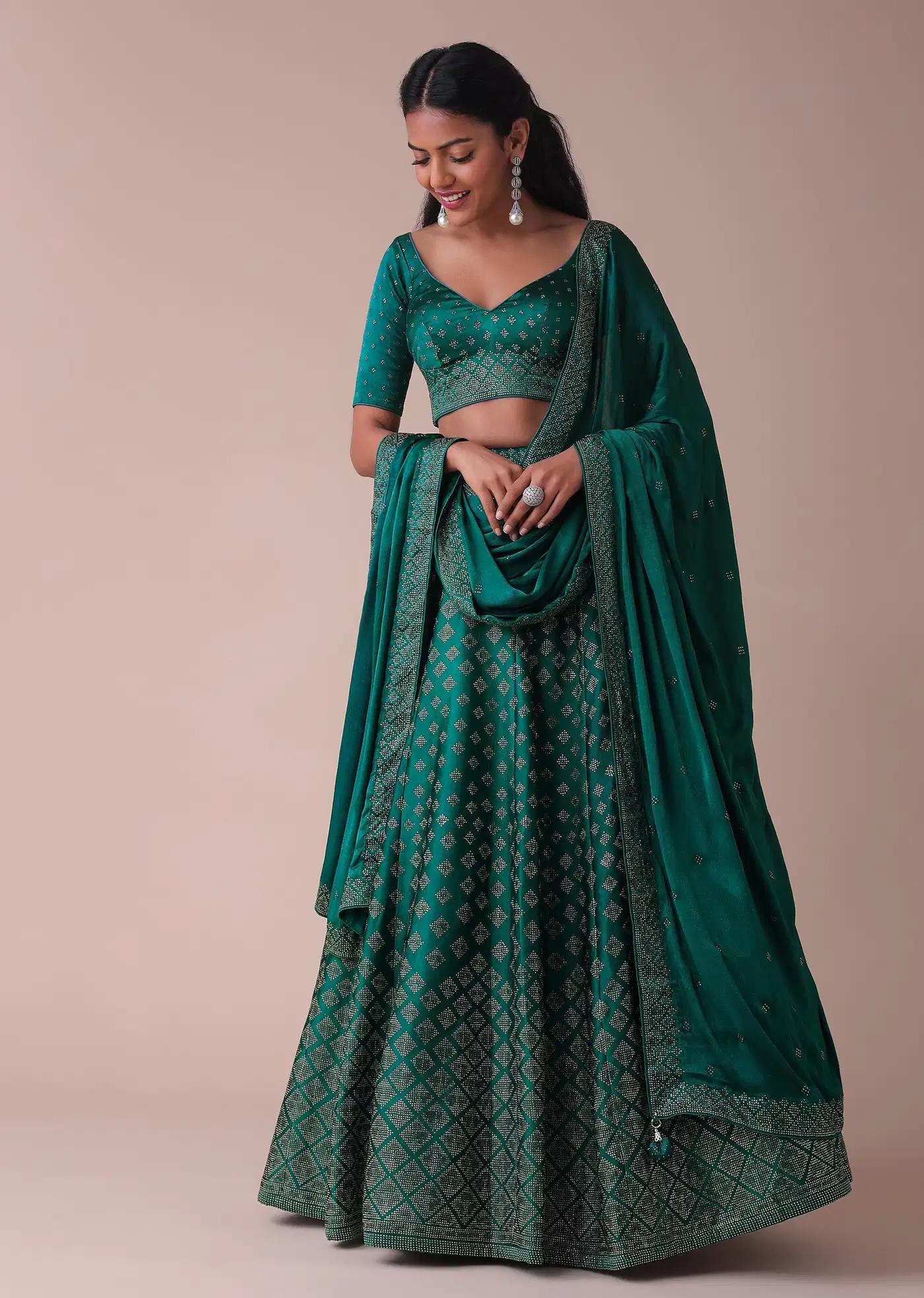 Deep Green Swarovski Embellished Lehenga Skirt In Wrinkle Satin