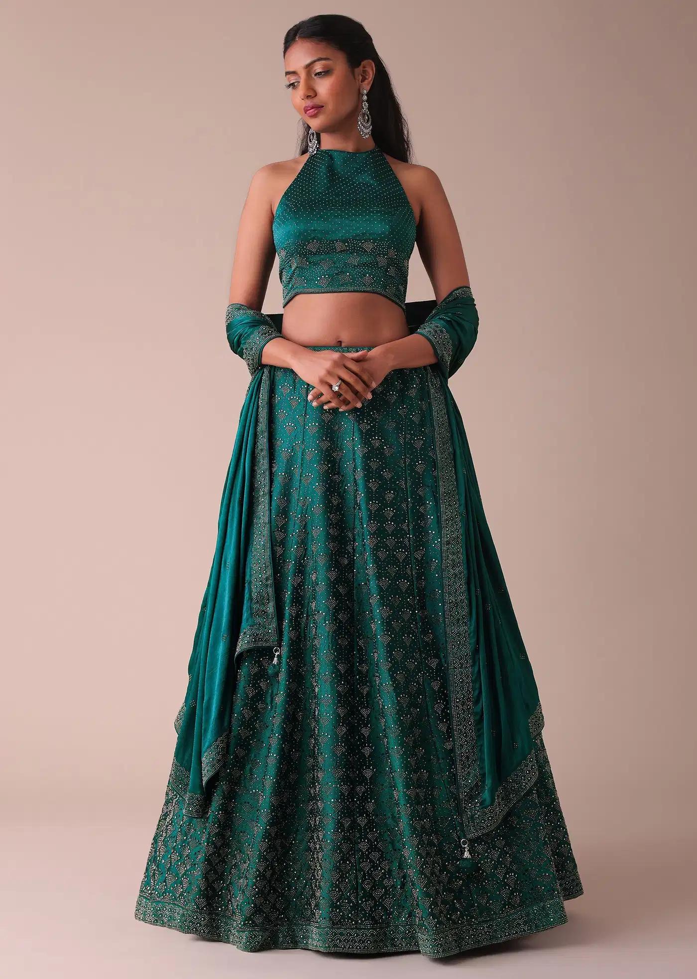 Deep Green Swarovski Embellished Lehenga Skirt In Wrinkle Satin