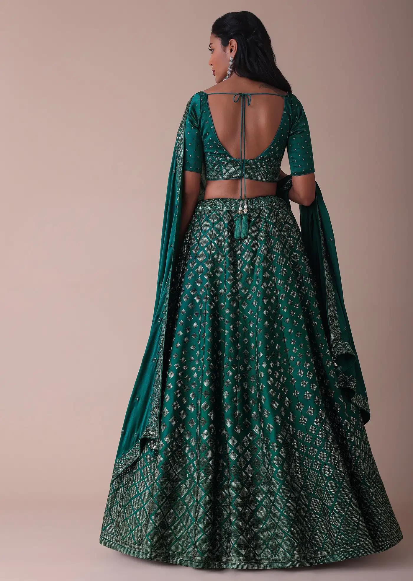Deep Green Swarovski Embellished Lehenga Skirt In Wrinkle Satin