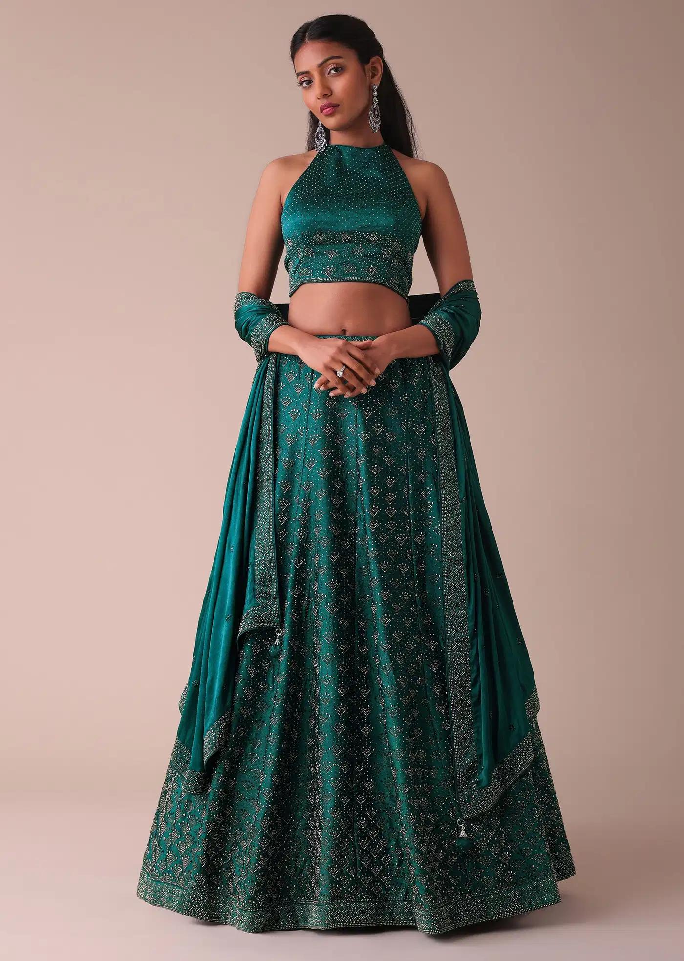 Deep Green Swarovski Embellished Lehenga Skirt In Wrinkle Satin