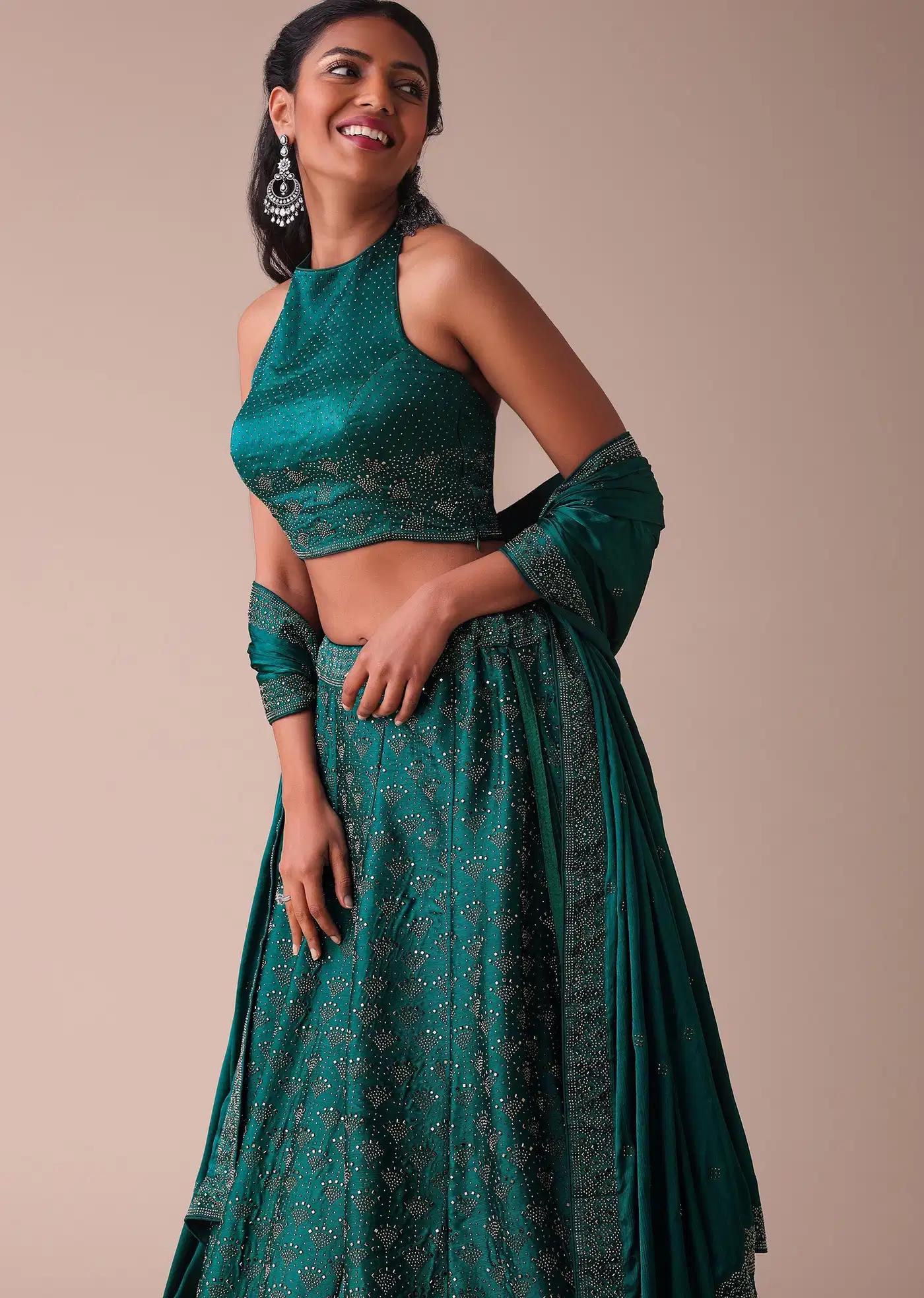 Deep Green Swarovski Embellished Lehenga Skirt In Wrinkle Satin