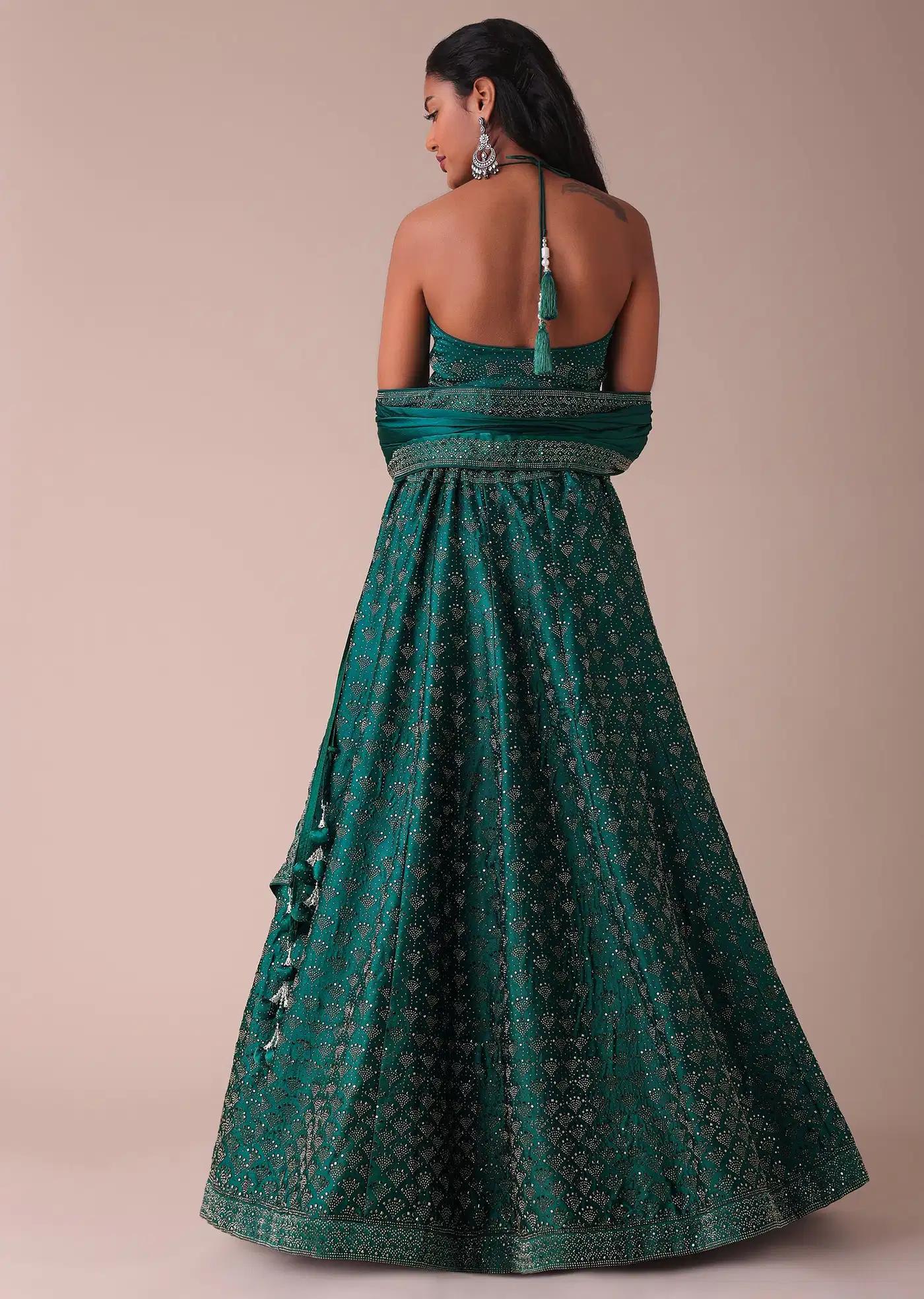 Deep Green Swarovski Embellished Lehenga Skirt In Wrinkle Satin