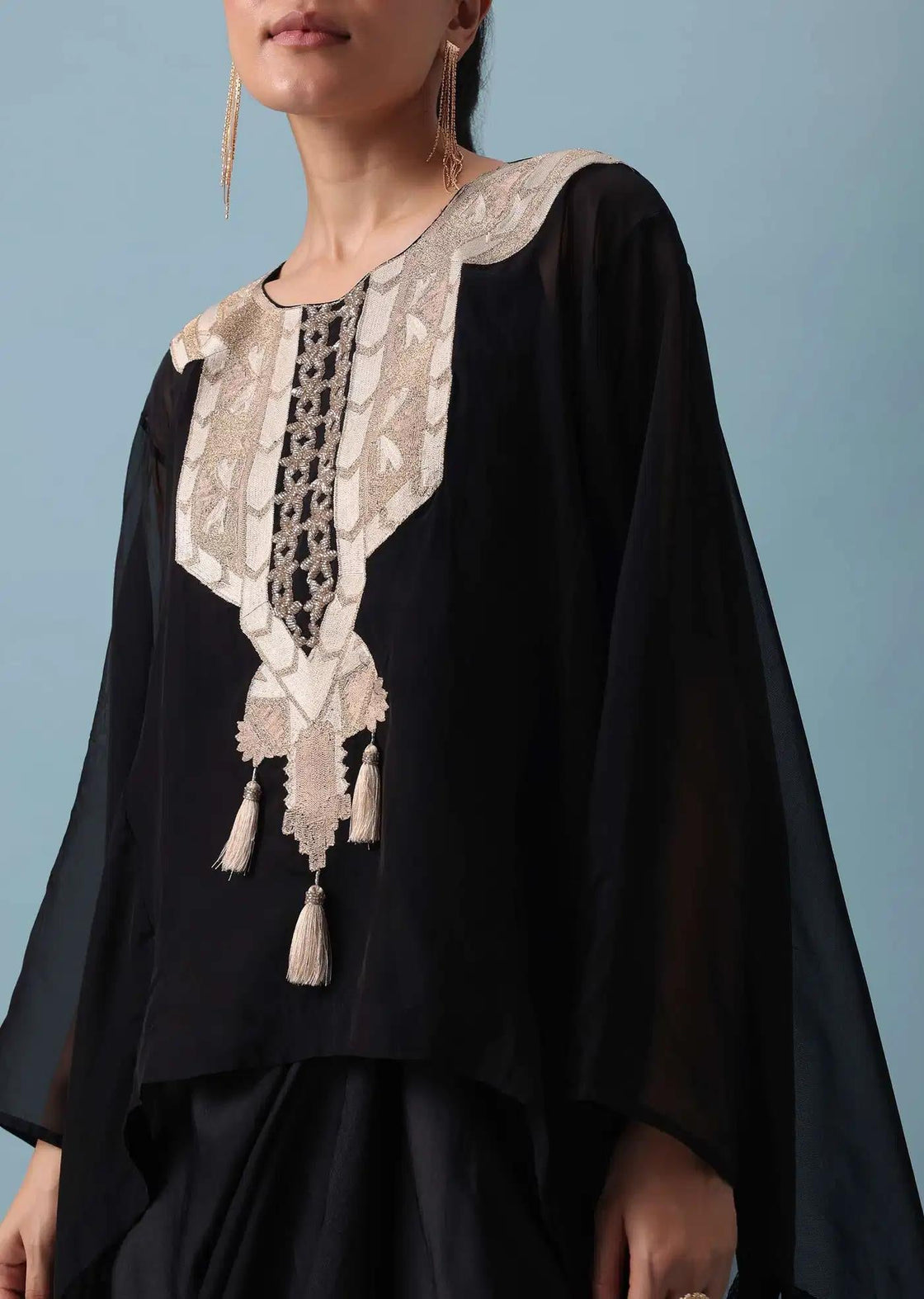 Dhoti Style Set In Black With Zari Embroidered Organza Top