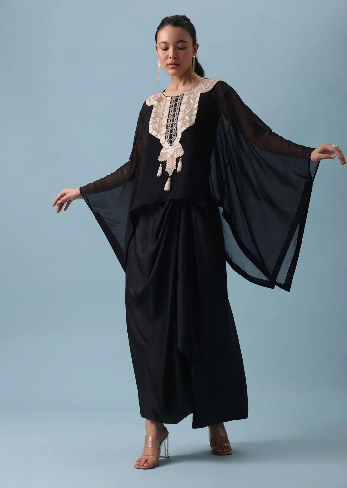 Dhoti Style Set In Black With Zari Embroidered Organza Top